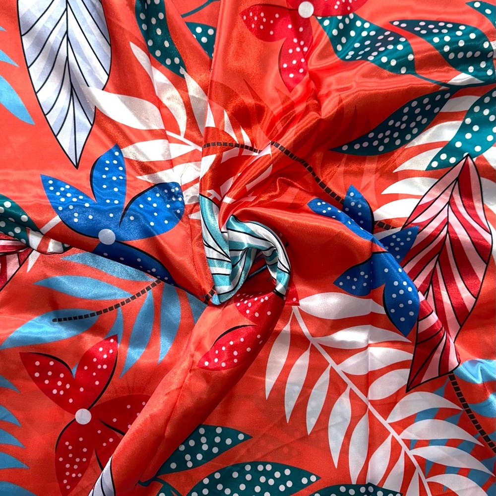 African Print, Satin Fabric - Dark Salmon, Blue, Teal "Athilah’s Garden" 4 Yards